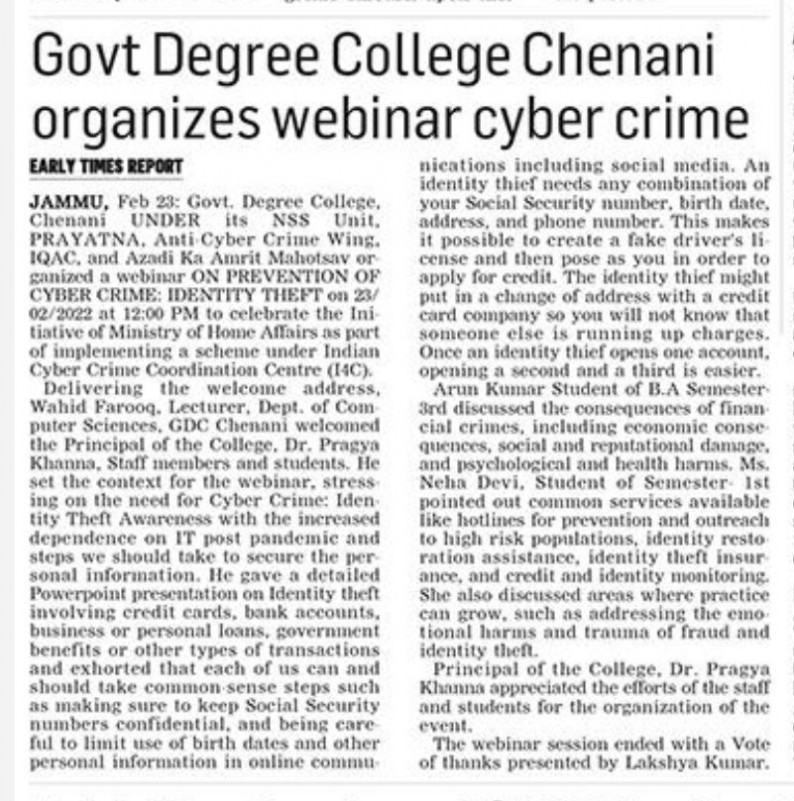 Webinar on prevention of Cyber Crime: Identity theft