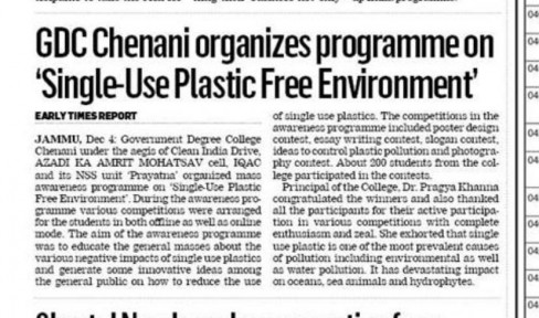 GDC, CHENANI ORGANIZED MASS AWARENESS PROGRAMME ON SINGLE-USE PLASTIC FREE ENVIRONMENT